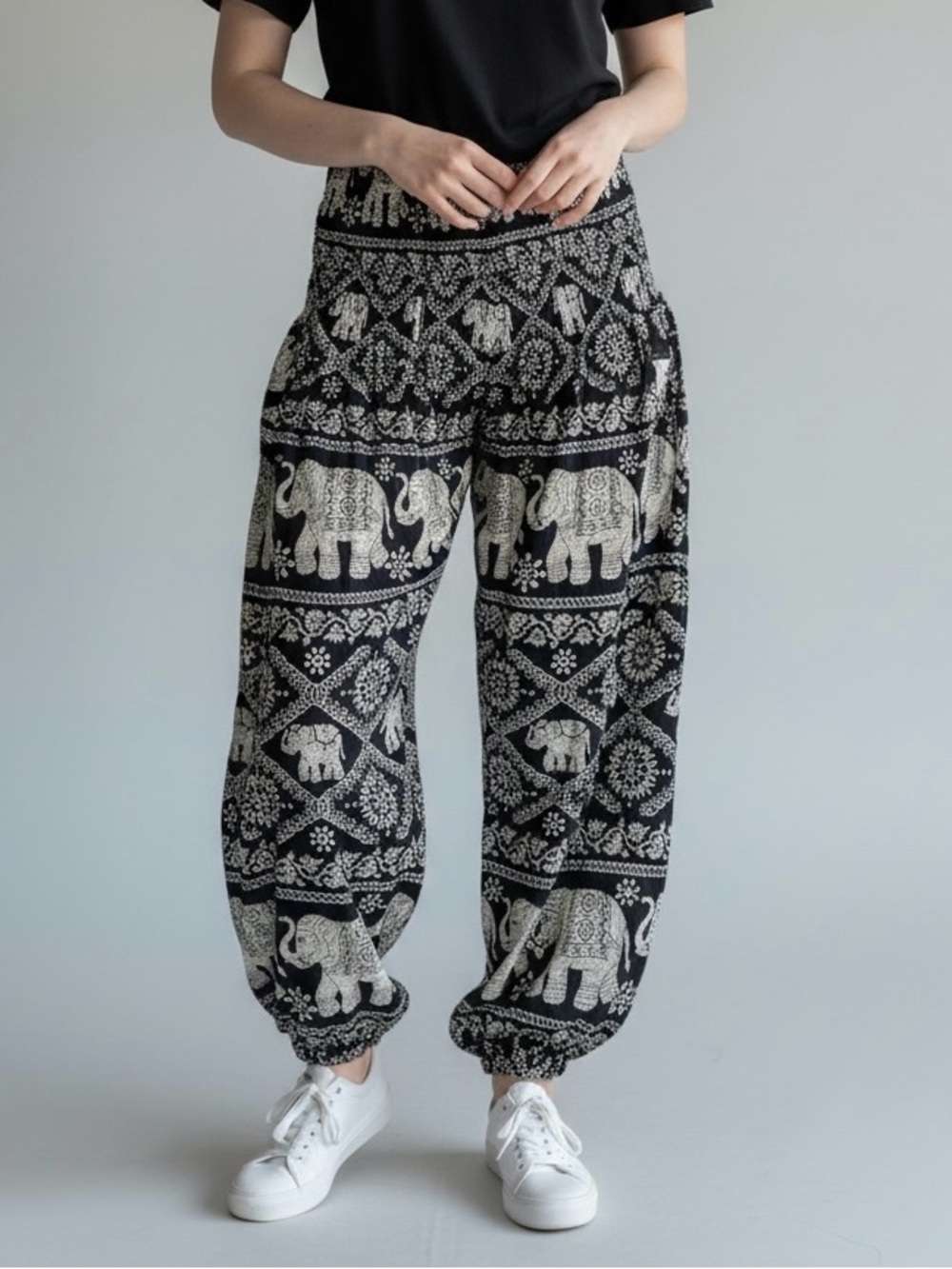 Hippie Elephant Print Harem Joggers - Black/Cream Size XL Elastic Drawstring